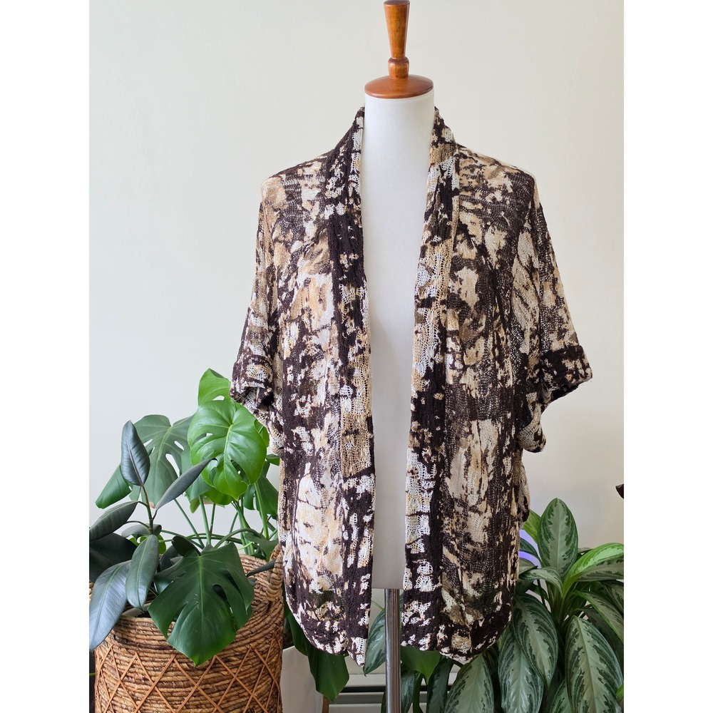 NWT Alberto Makali Brown Abstract Lace Knit Open Front Cardigan Dolman Sleeve M